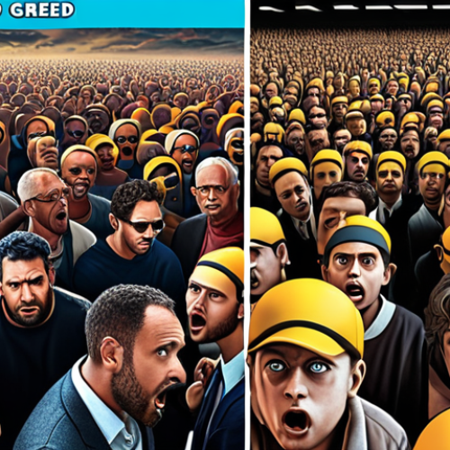 Home 15 FOMO & Greed in the Metaverse**
* A split image. One side shows a frantic crowd rushing to buy virtual land, faces filled with anxiety (FOMO). The other side depicts a character with exaggerated greed, eyes fixated on rising profit charts, ignoring warning signs. Bright, contrasting colors.
**