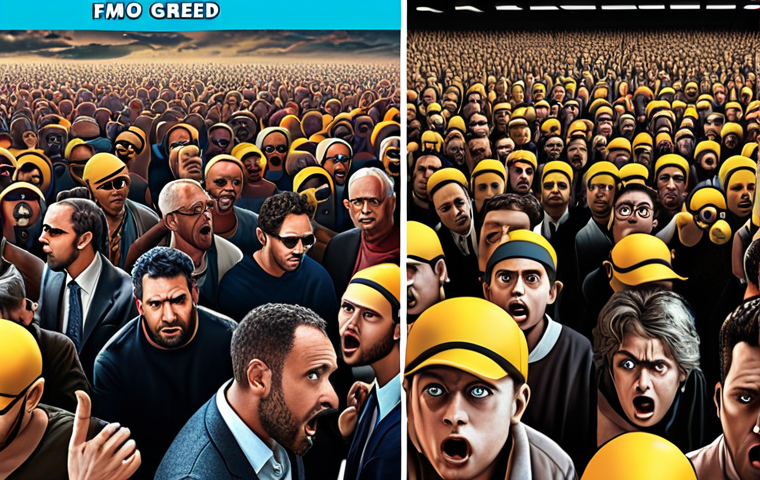 FOMO & Greed in the Metaverse**
* A split image. One side shows a frantic crowd rushing to buy virtual land, faces filled with anxiety (FOMO). The other side depicts a character with exaggerated greed, eyes fixated on rising profit charts, ignoring warning signs. Bright, contrasting colors.
**