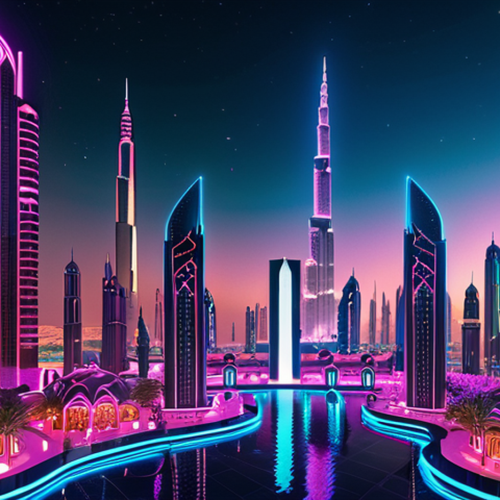 **Digital Oasis:** A futuristic cityscape blending Arabic architecture with neon lights, towering over virtual land plots in a metaverse environment. Think Dubai meets cyberspace.