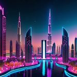 **Digital Oasis:** A futuristic cityscape blending Arabic architecture with neon lights, towering over virtual land plots in a metaverse environment. Think Dubai meets cyberspace.