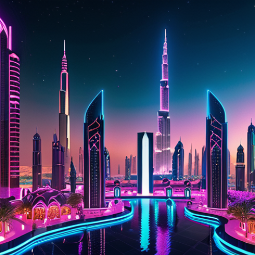 Home 7 **Digital Oasis:** A futuristic cityscape blending Arabic architecture with neon lights, towering over virtual land plots in a metaverse environment. Think Dubai meets cyberspace.