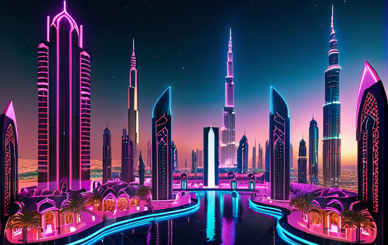 **Digital Oasis:** A futuristic cityscape blending Arabic architecture with neon lights, towering over virtual land plots in a metaverse environment. Think Dubai meets cyberspace.