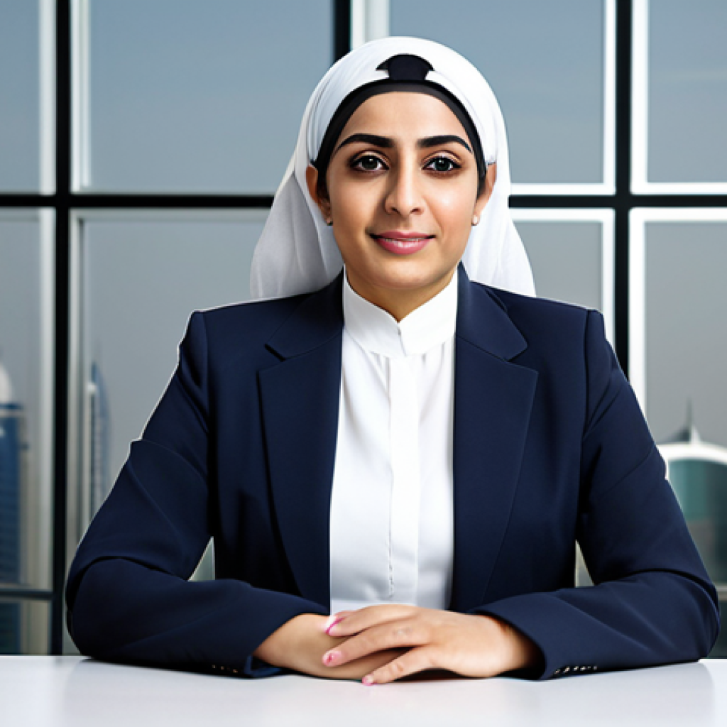 **

A professional Arab businesswoman in a modest business suit, sitting at a desk in a modern office in Dubai, United Arab Emirates. Fully clothed, appropriate attire, safe for work, perfect anatomy, natural proportions, professional photography, high quality. Family-friendly, appropriate content.

**