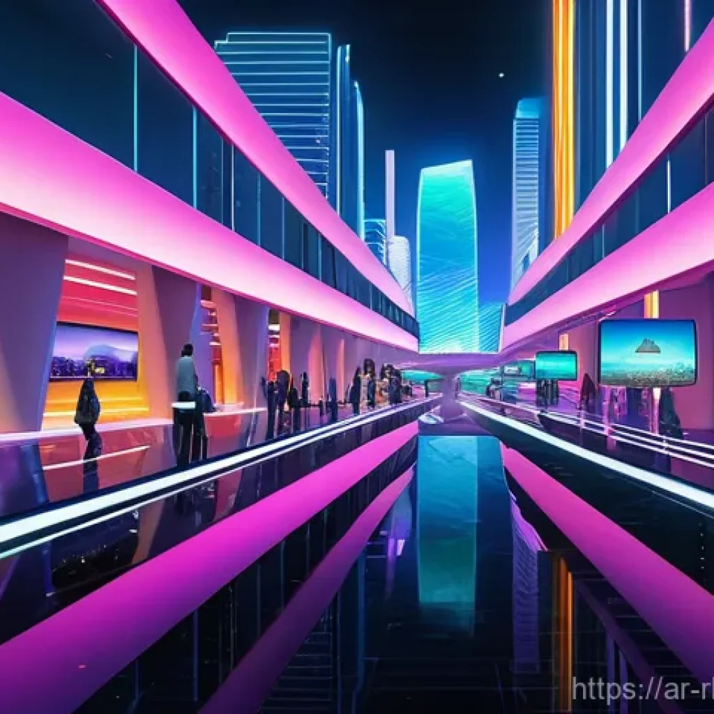 가상 부동산 투자에 대한 장기 전망 - A vibrant, futuristic cityscape within a metaverse, featuring towering digital buildings and lush vi...