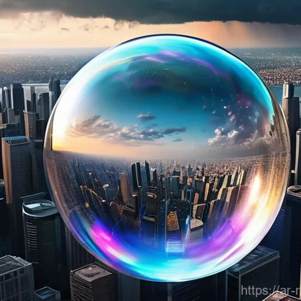 가상 부동산 투자 시 발생할 수 있는 문제점 - **Virtual Real Estate Bubble Bursting:**
    A dramatic, high-angle shot of a colossal, iridescent d...
