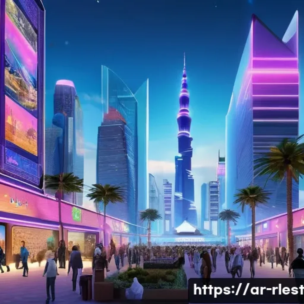 메타버스 내 가상 부동산 투자 전략 - A futuristic digital cityscape within a vibrant metaverse environment, showcasing diverse virtual re...