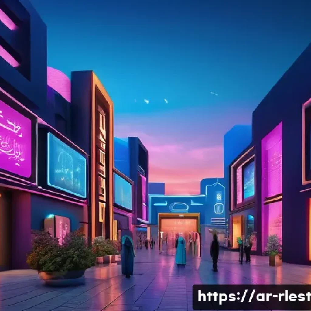 가상 부동산 시장의 동향과 전망 - A futuristic digital real estate marketplace scene set in a Middle Eastern-inspired virtual cityscap...