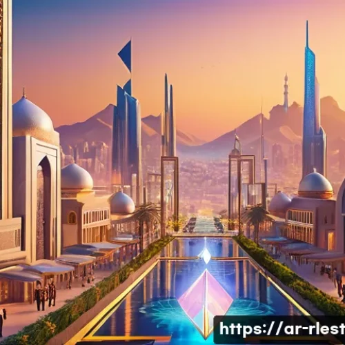 가상 부동산 투자자와의 인터뷰 - A futuristic digital marketplace scene in a vibrant Middle Eastern virtual city inspired by Arabic a...