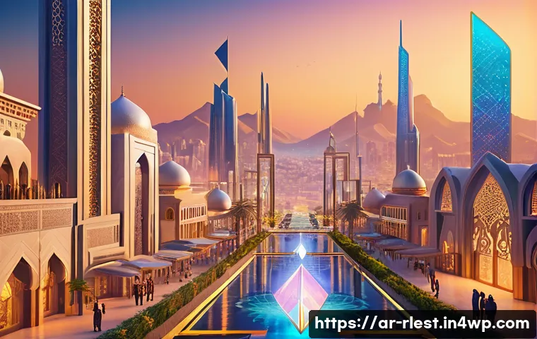 가상 부동산 투자자와의 인터뷰 - A futuristic digital marketplace scene in a vibrant Middle Eastern virtual city inspired by Arabic a...