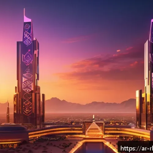 가상 부동산 투자에서의 기회 포착 - A futuristic digital real estate marketplace in the Metaverse inspired by Arabic culture, showing a ...
