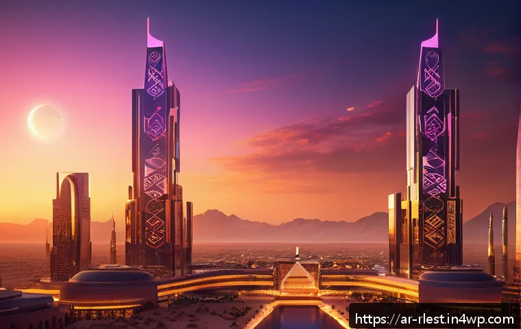 가상 부동산 투자에서의 기회 포착 - A futuristic digital real estate marketplace in the Metaverse inspired by Arabic culture, showing a ...