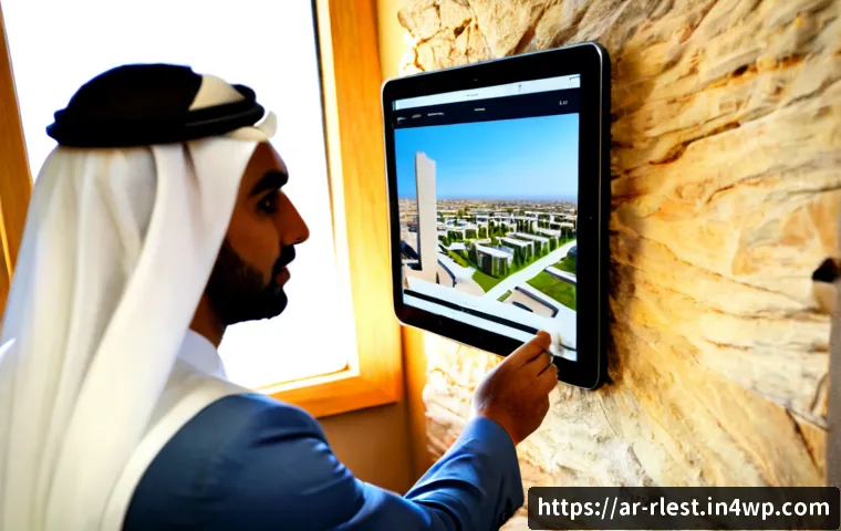 가상 부동산 투자에서의 윤리적 고려 - Photorealistic modern Gulf Arab professional reviewing a virtual real estate investment on a large t...